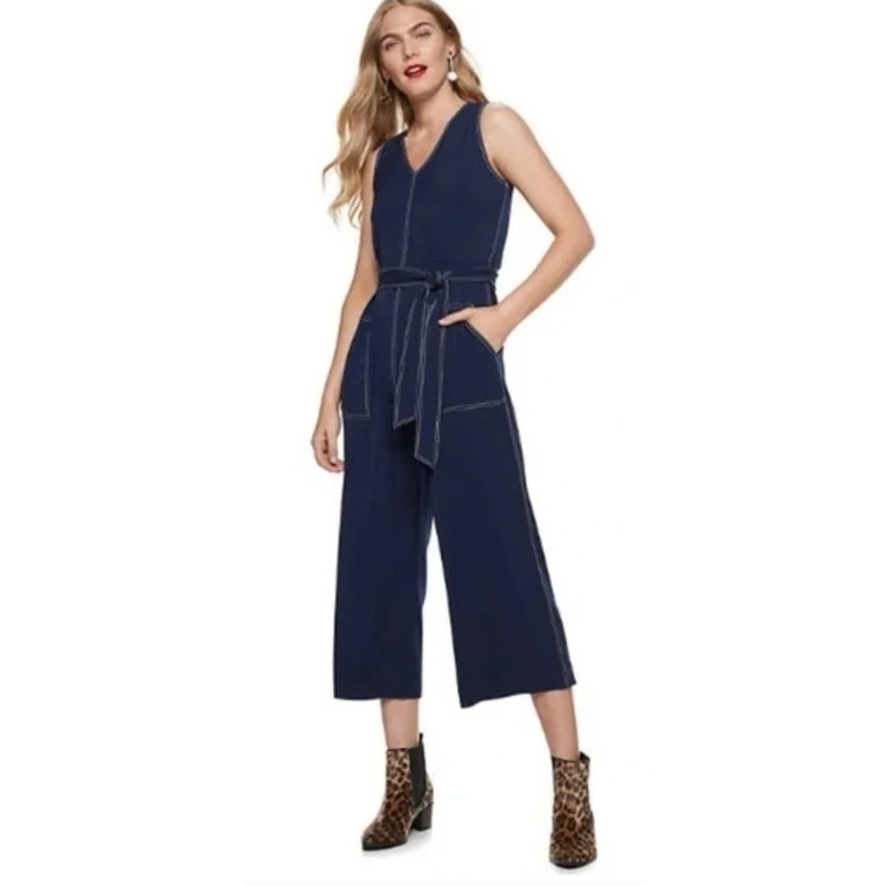 Nine West Jumpsuit Womens‎ PM Navy White Stitch Wide Leg Utility Travel Nautical